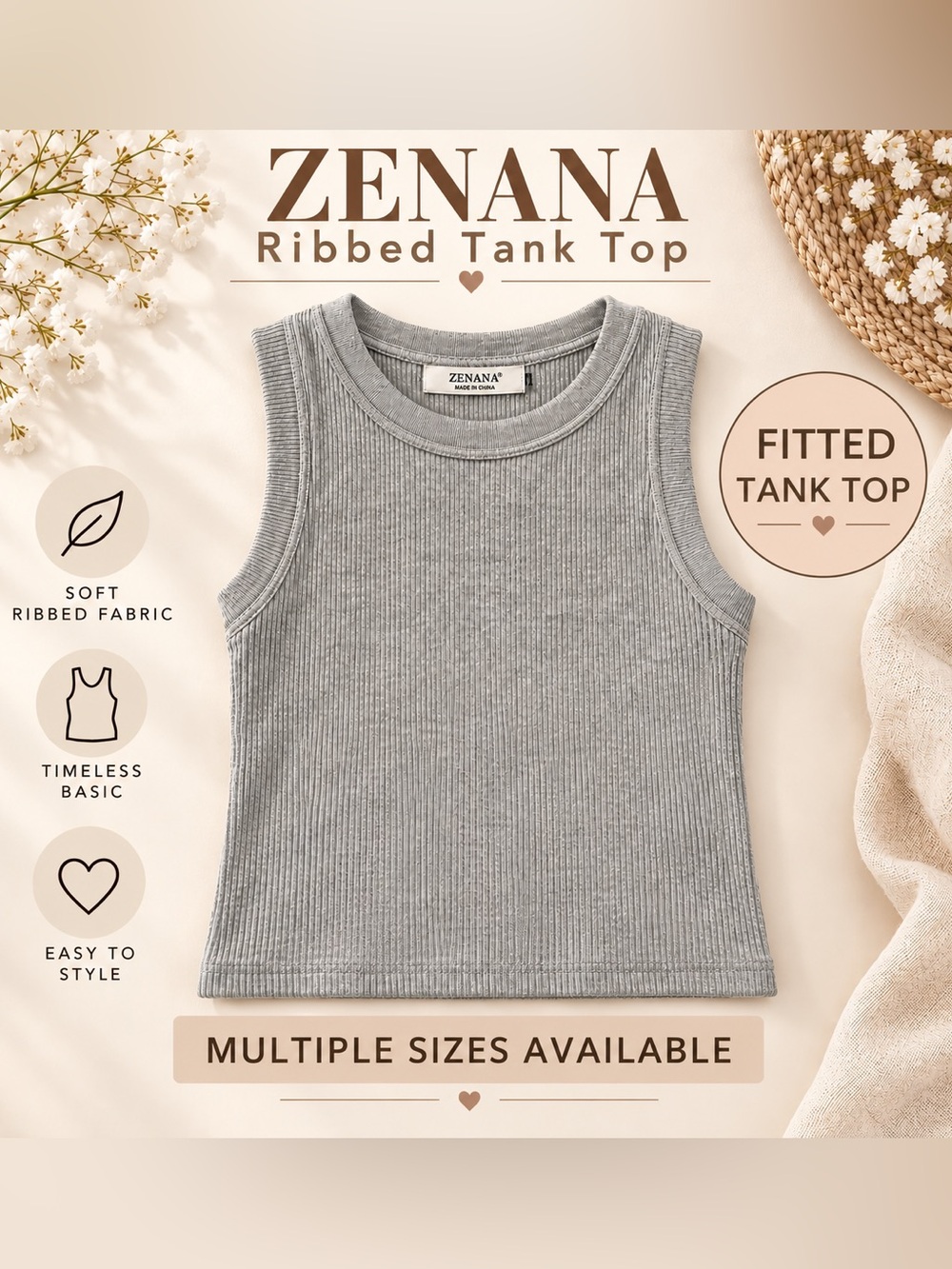 Zenana Outfitters - NIB Women’s Fitted Ribbed Sleeveless Tank Top - Gray Sand